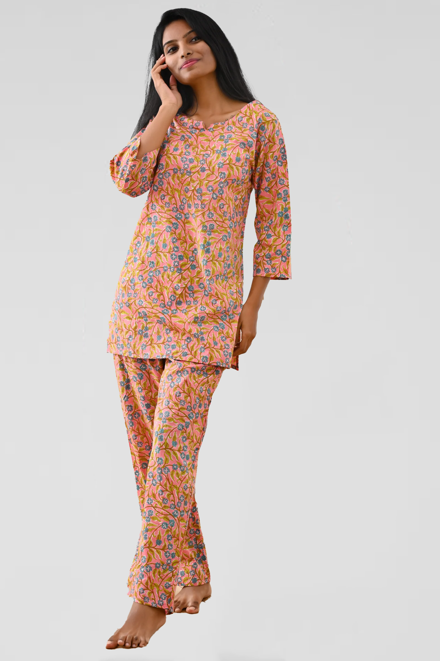 Peach Cotton Printed Pyjama Set