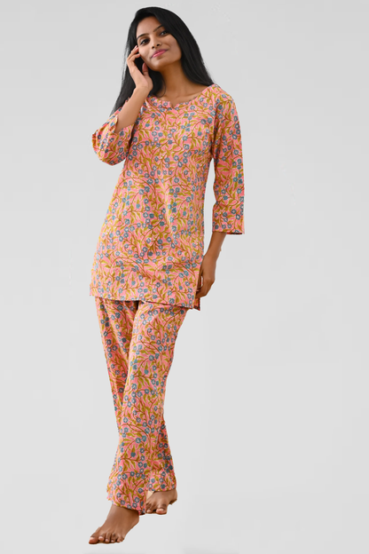 Peach Cotton Printed Pyjama Set