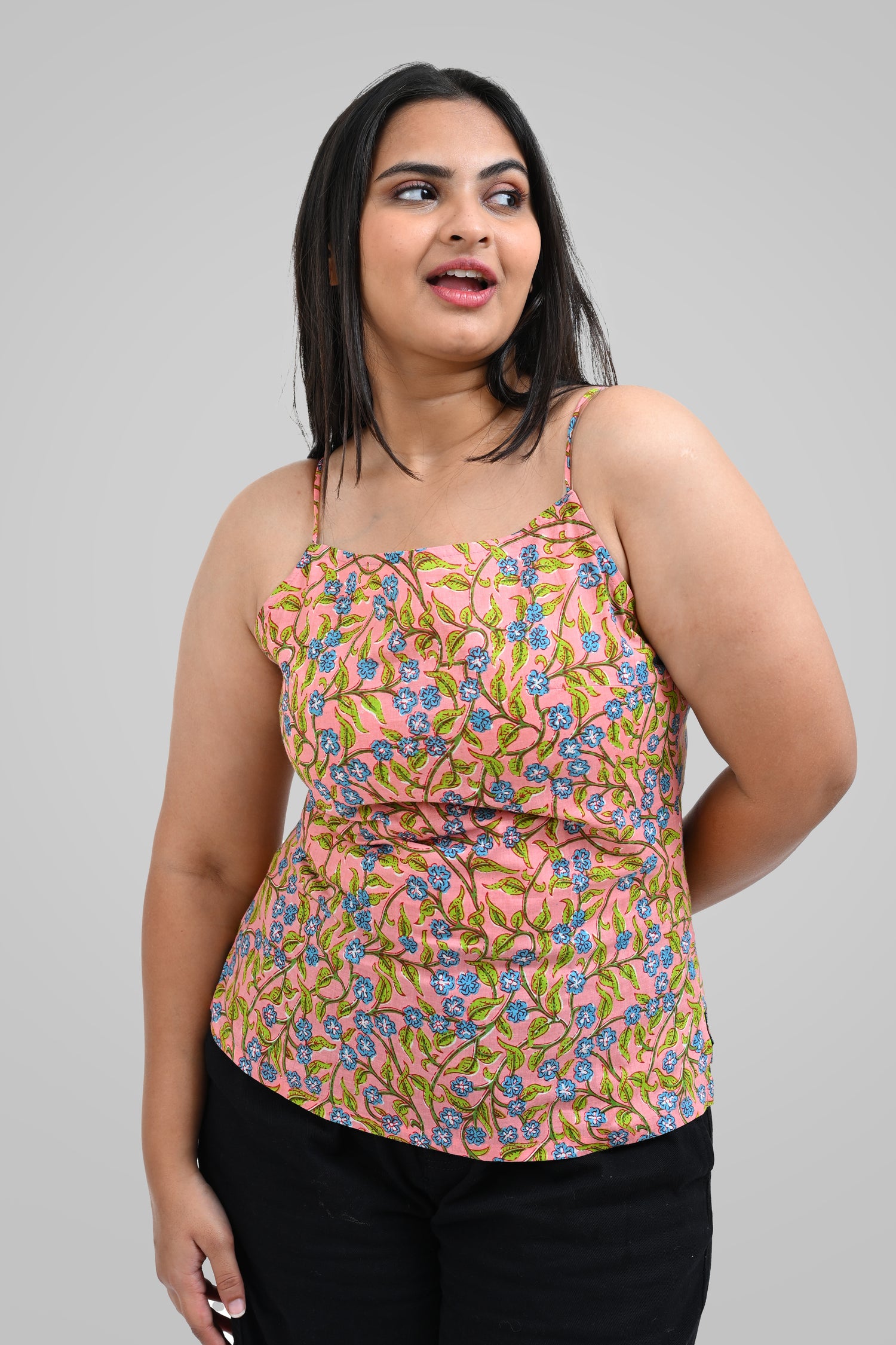 Peach Floral Cotton Printed Strap Top