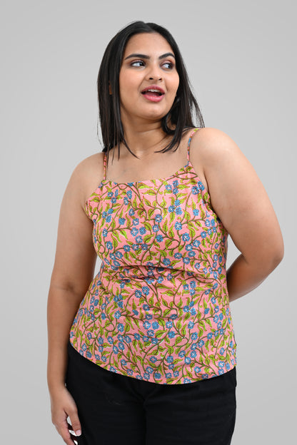 Peach Floral Cotton Printed Strap Top