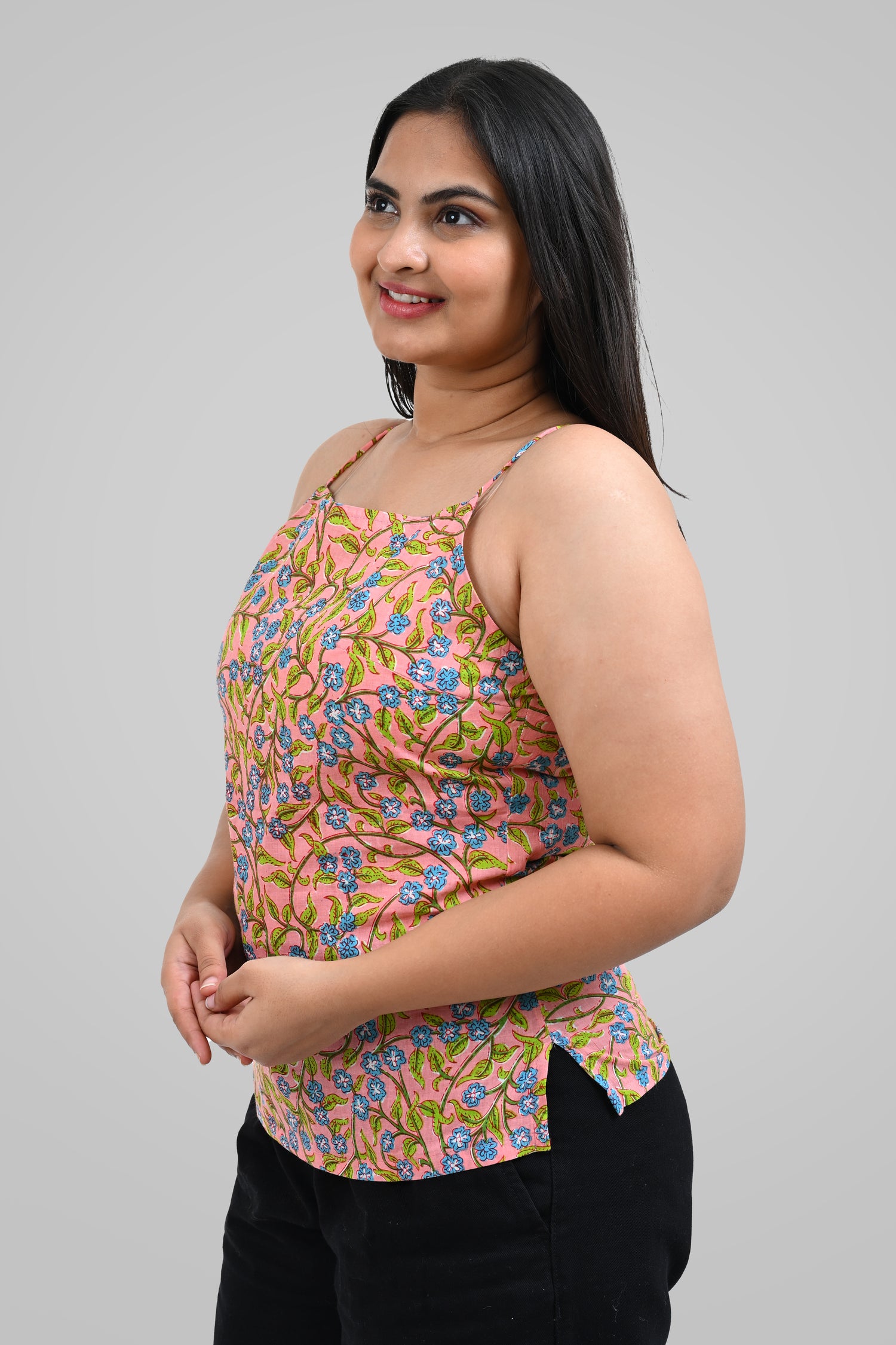 Peach Floral Cotton Printed Strap Top