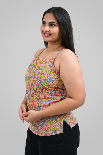 Peach Floral Cotton Printed Strap Top