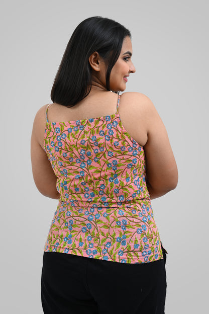 Peach Floral Cotton Printed Strap Top