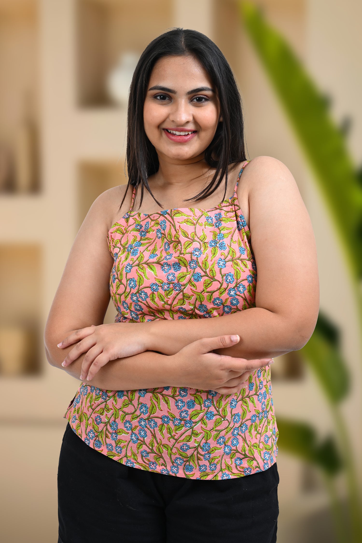 Peach Floral Cotton Printed Strap Top