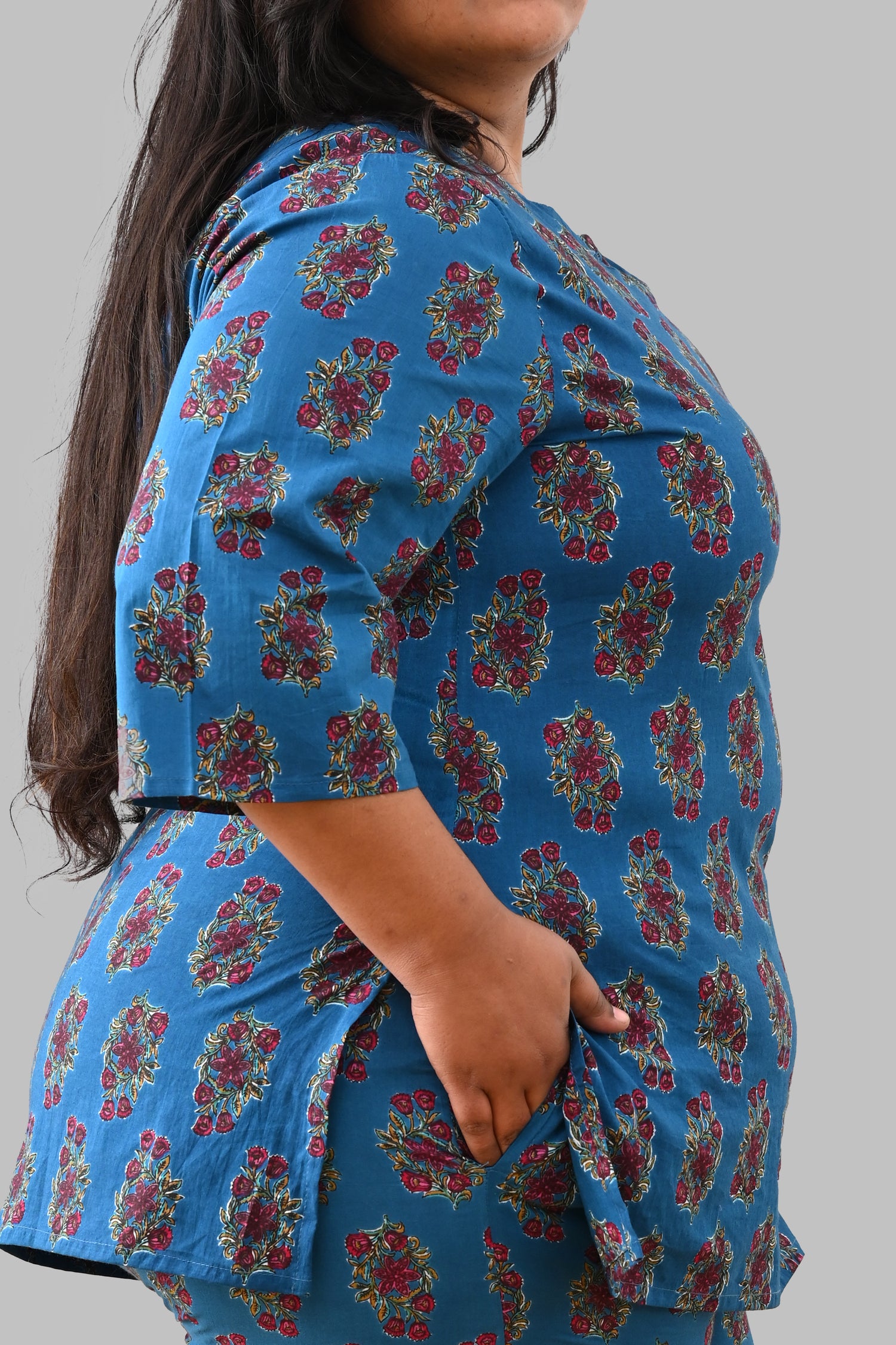 Peacock Blue Plus Size Cotton Printed Pyjama Set