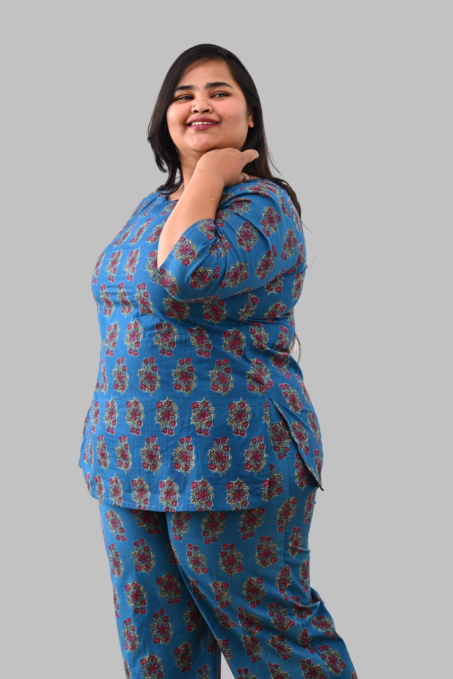 Peacock Blue Plus Size Cotton Printed Pyjama Set