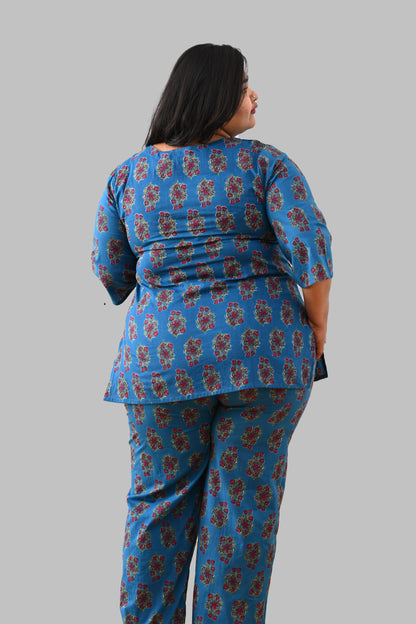 Peacock Blue Plus Size Cotton Printed Pyjama Set