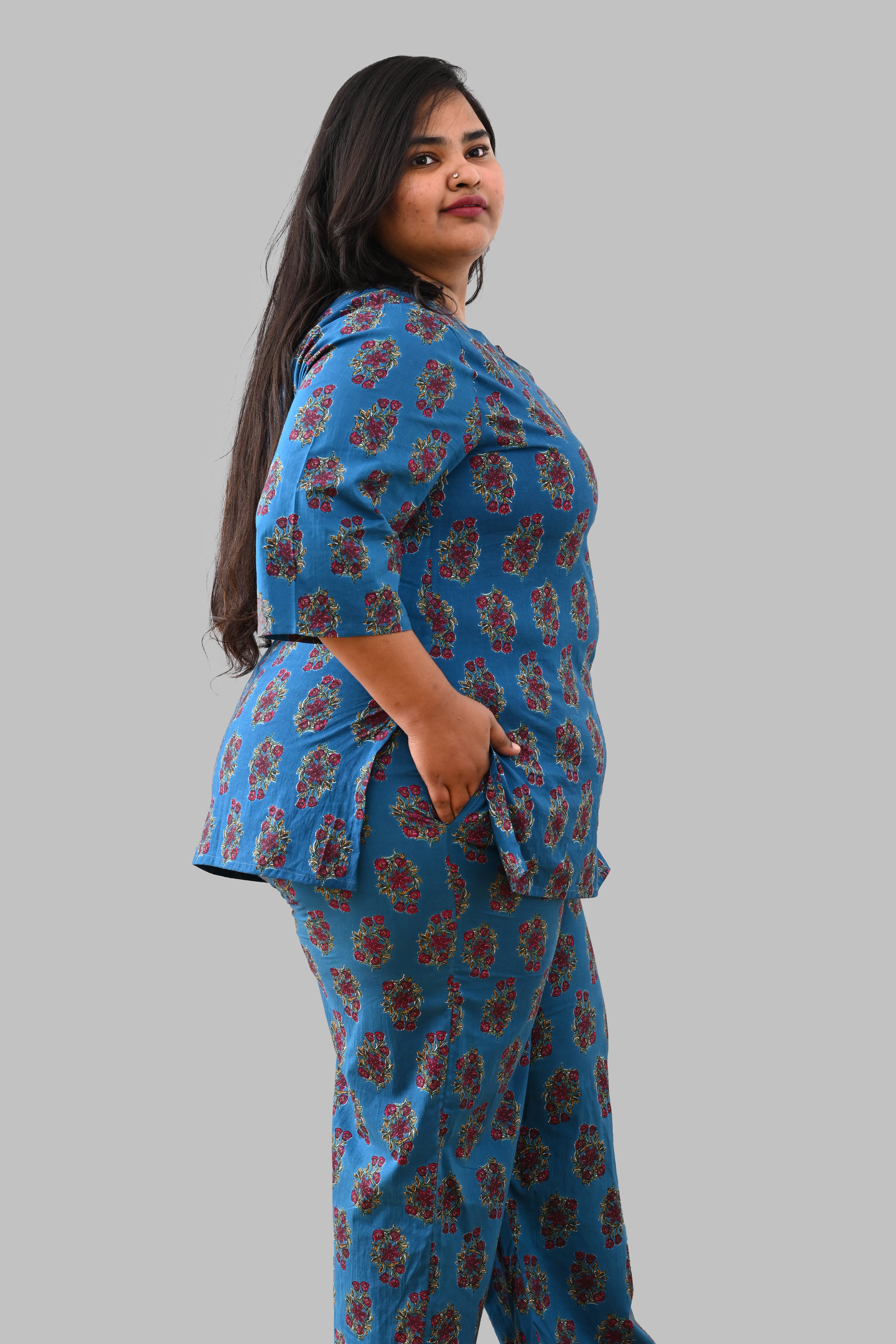 Peacock Blue Plus Size Cotton Printed Pyjama Set