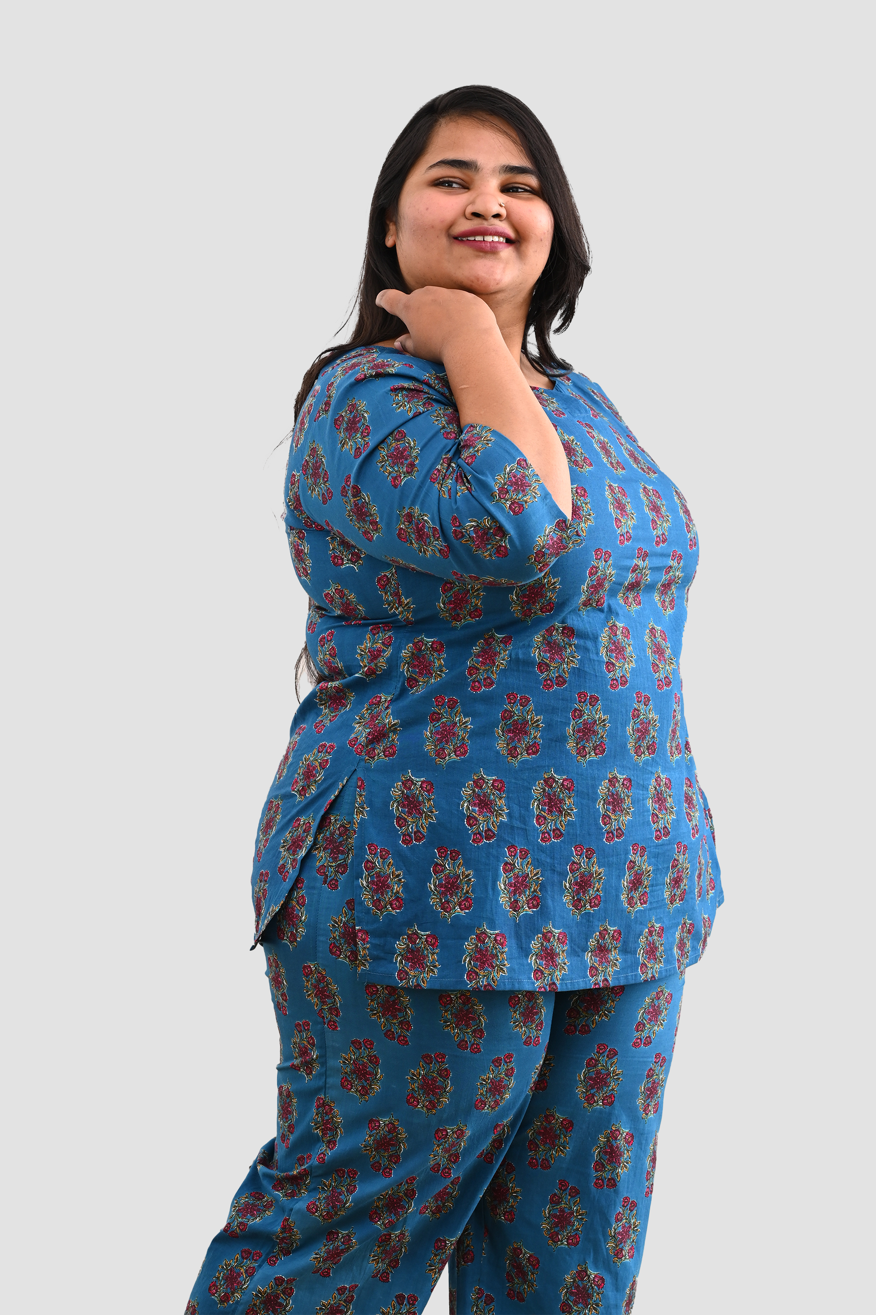 Peacock Blue Plus Size Cotton Printed Pyjama Set