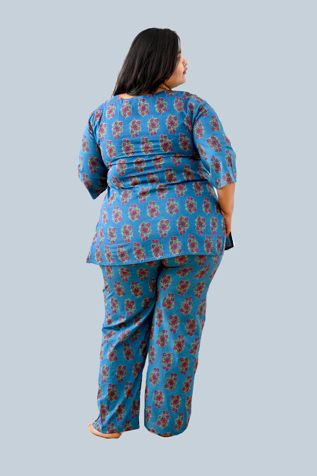 Peacock Blue Plus Size Cotton Printed Pyjama Set