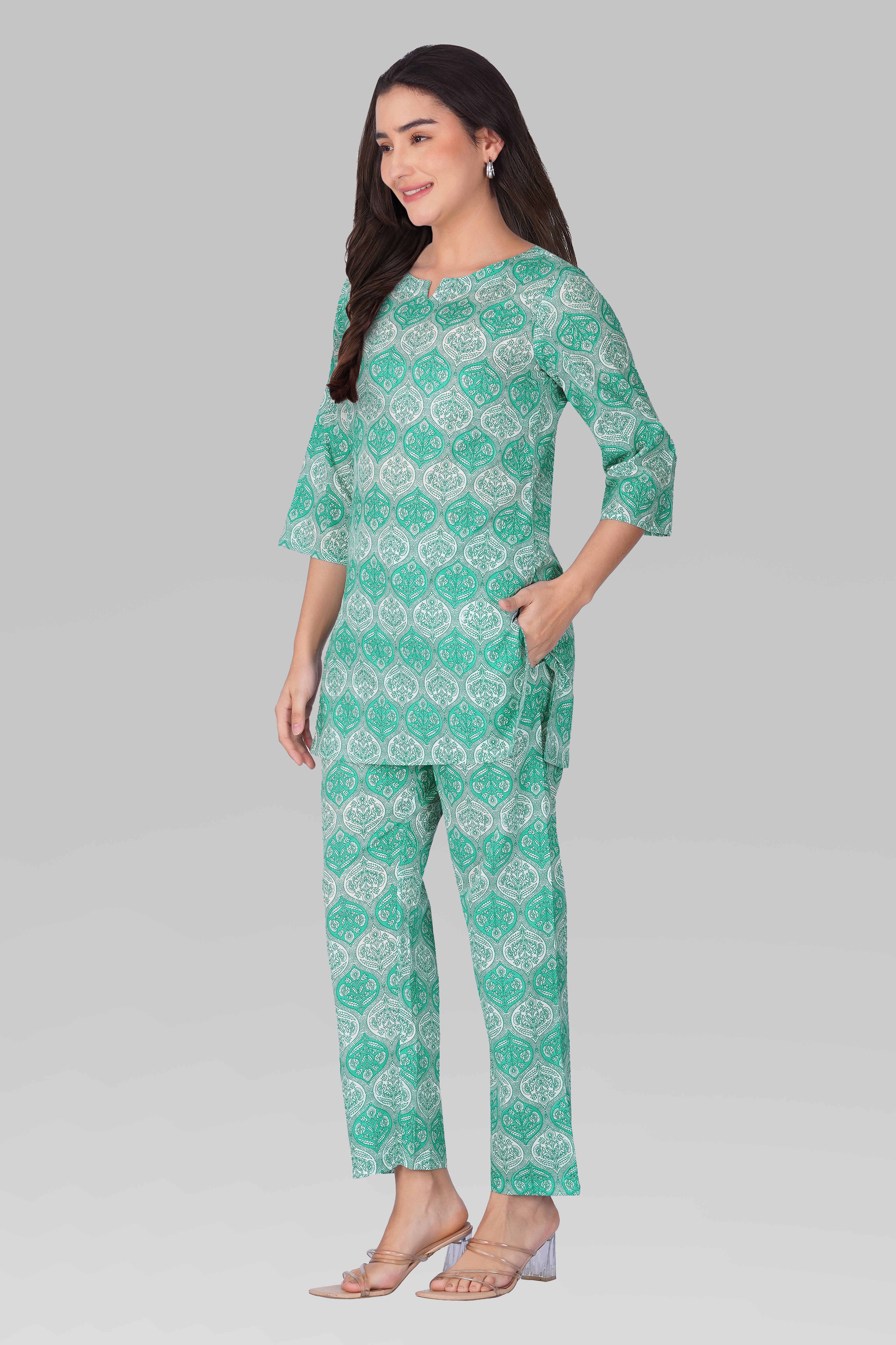 Persian Green Cotton Printed Pyjama Set