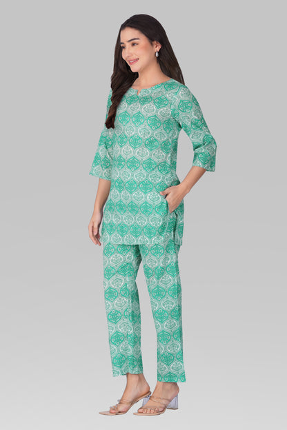 Persian Green Cotton Printed Pyjama Set