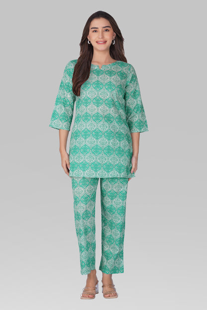 Persian Green Cotton Printed Pyjama Set
