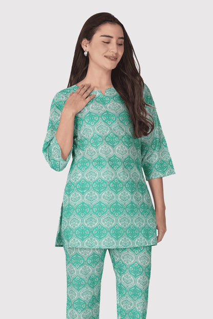 Persian Green Cotton Printed Pyjama Set