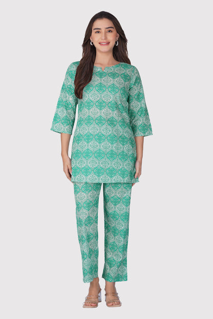 Persian Green Cotton Printed Pyjama Set