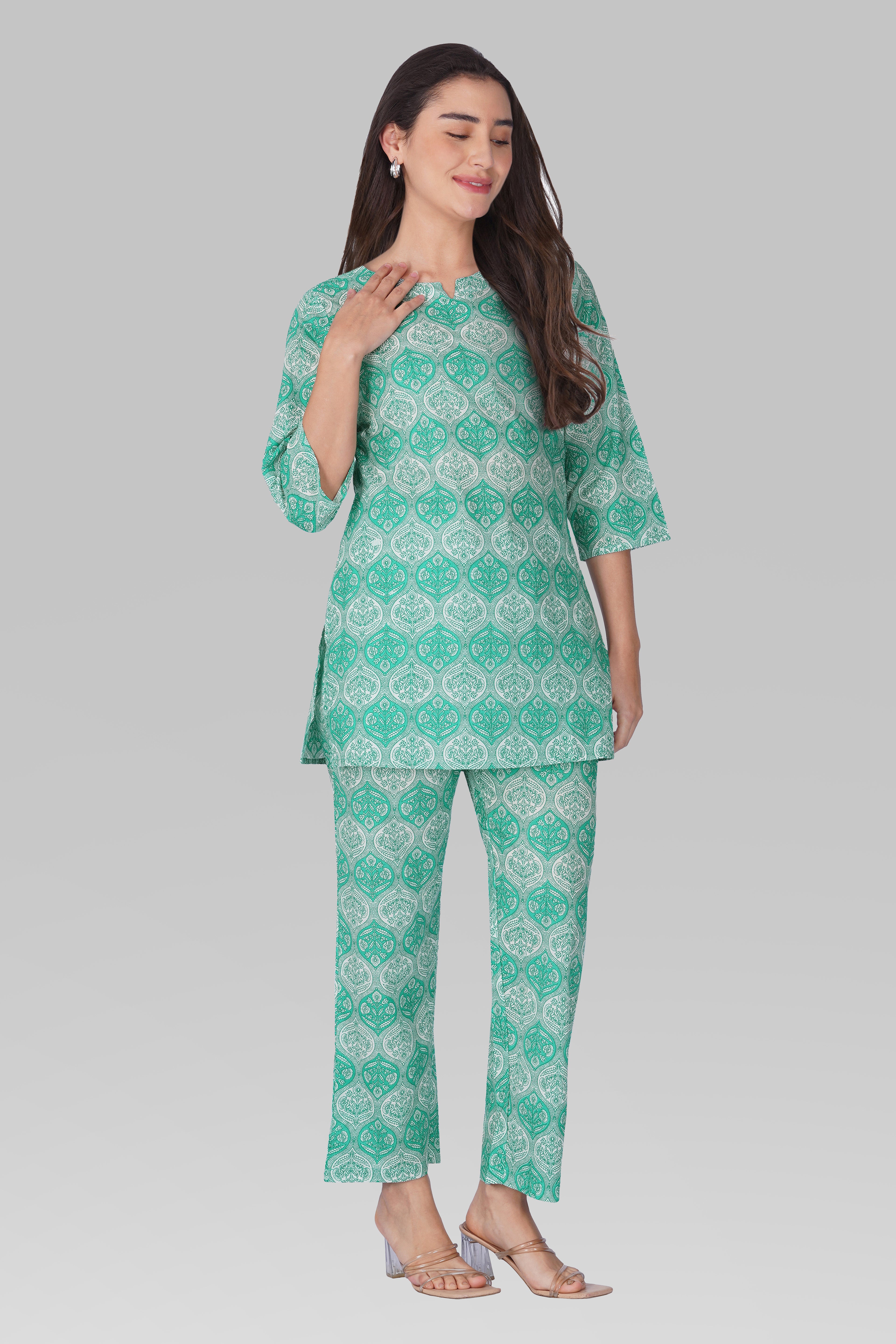 Persian Green Cotton Printed Pyjama Set