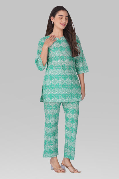 Persian Green Cotton Printed Pyjama Set