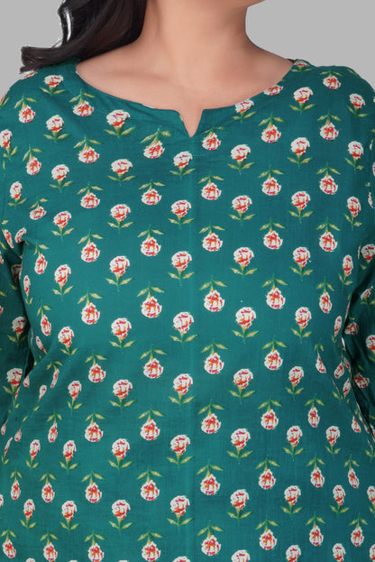 Pine Green Plus Size Cotton Printed Kurti