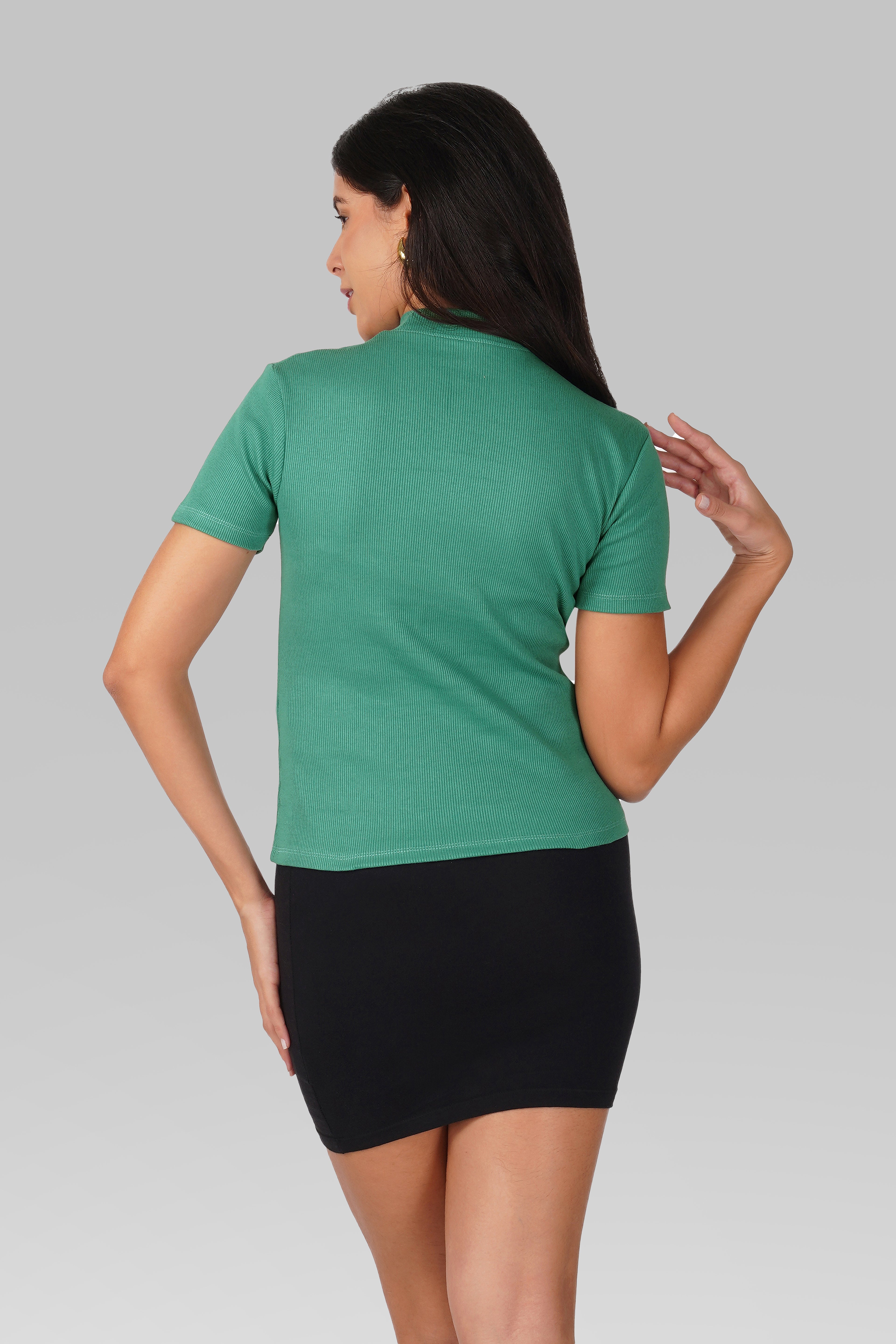Pine Green Ribbed Mock Neck Short Sleeve Top