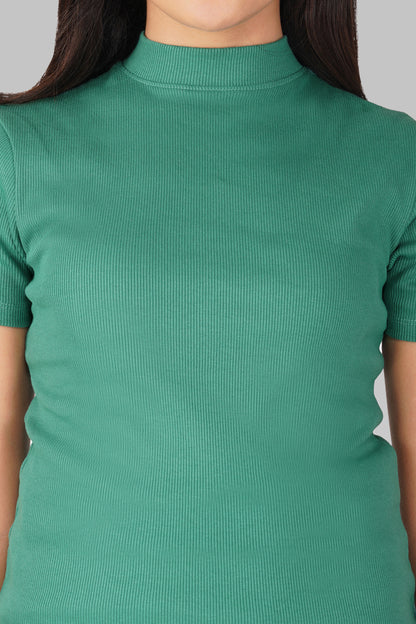 Pine Green Ribbed Mock Neck Short Sleeve Top