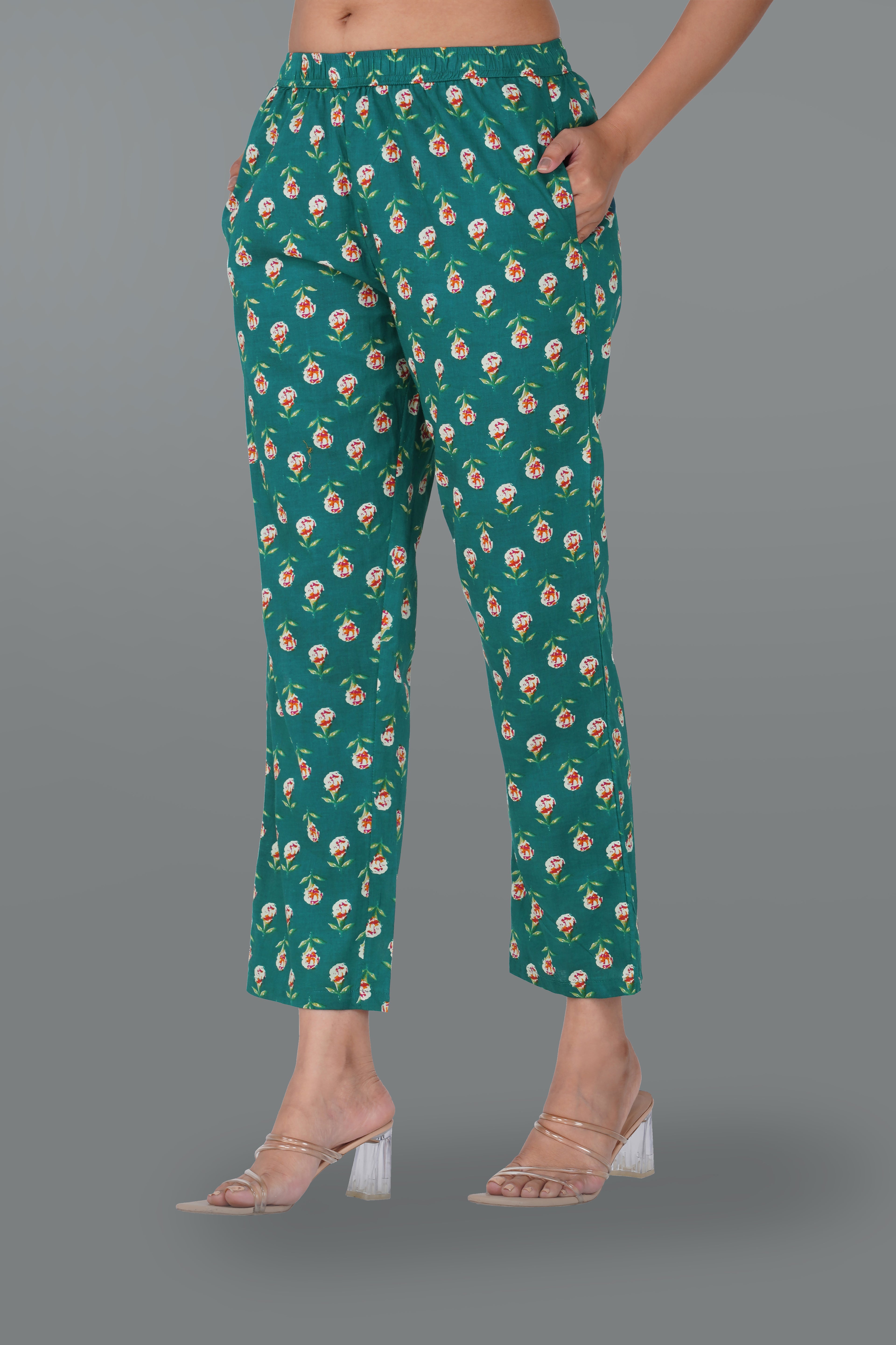 Pine Green Cotton Printed Bottom