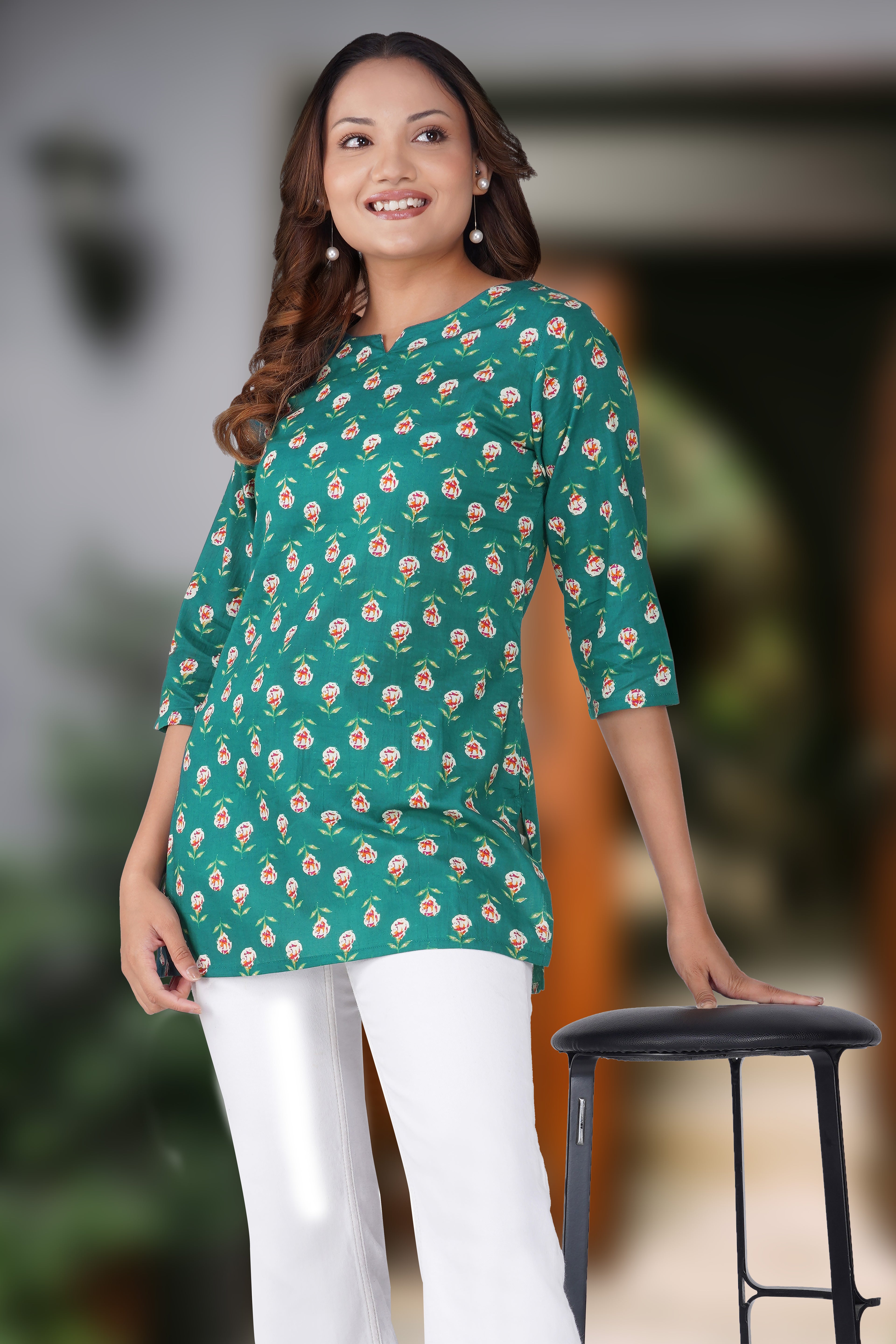 Pine Green Cotton Printed Kurti