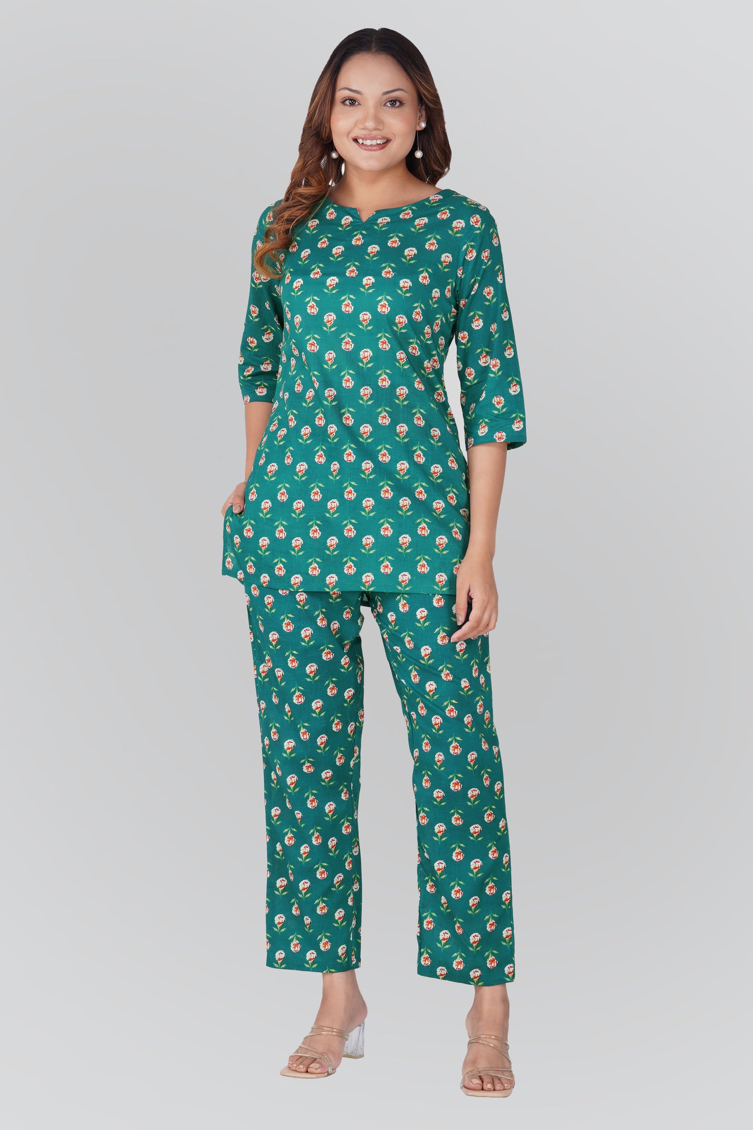 Pine Green Cotton Printed Pyjama Set