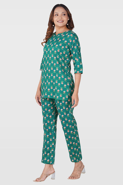 Pine Green Cotton Printed Pyjama Set