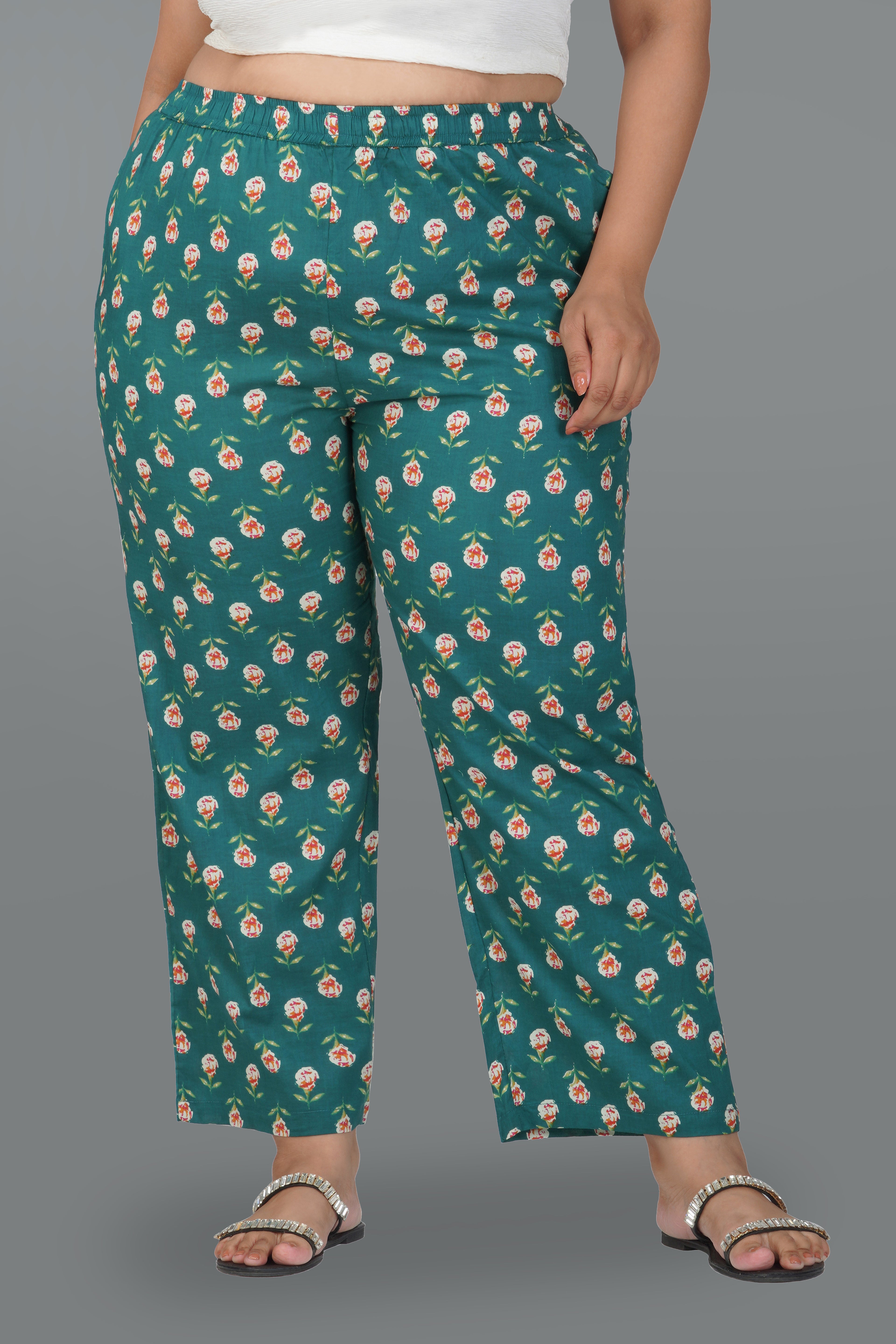 Pine Green Plus Size Cotton Printed Bottom