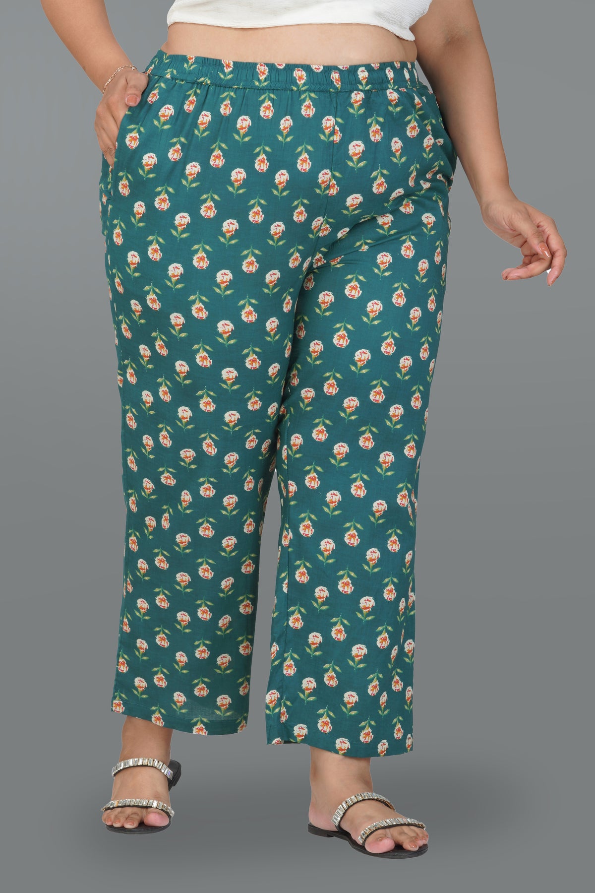 Pine Green Plus Size Cotton Printed Bottom
