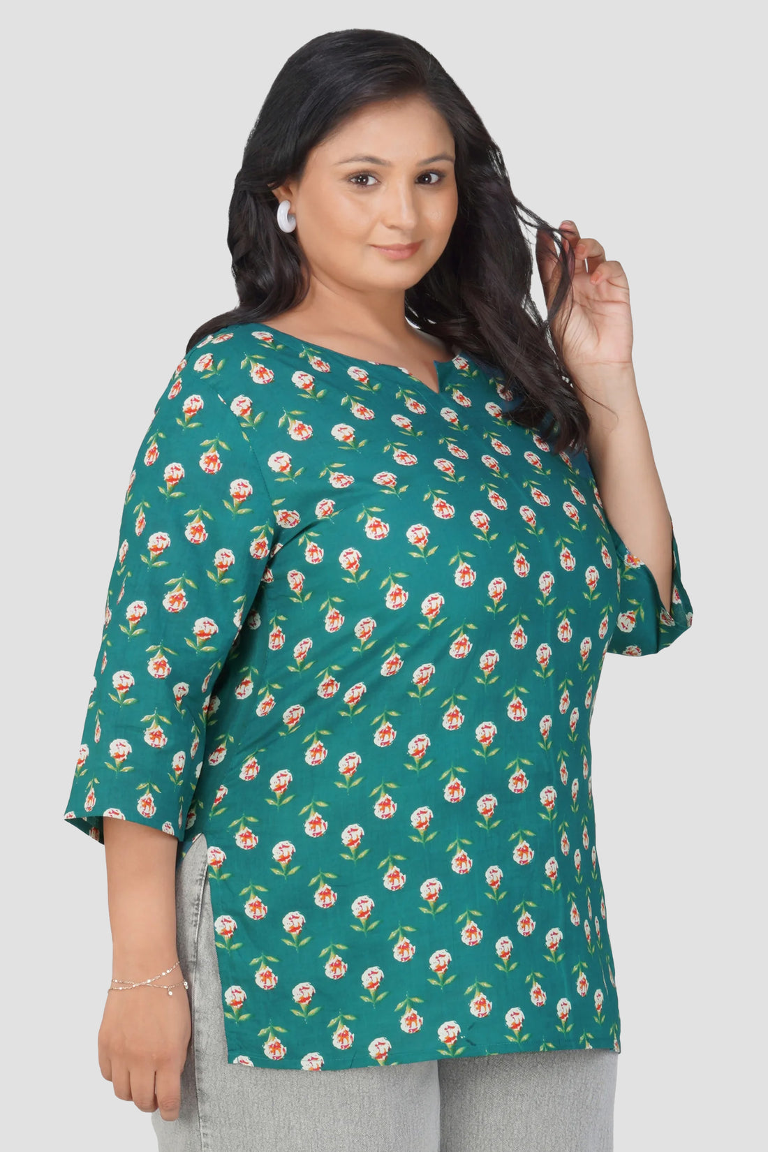Pine Green Plus Size Cotton Printed Kurti