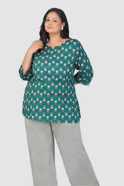 Pine Green Plus Size Cotton Printed Kurti