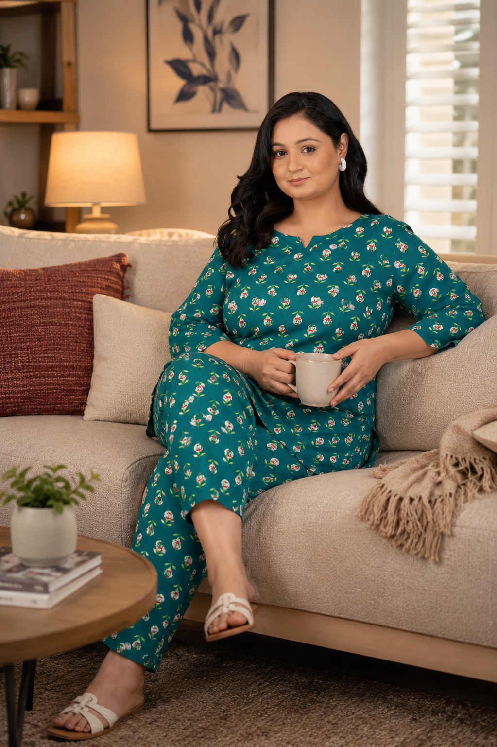 Pine Green Plus Size Cotton Printed Pyjama Set