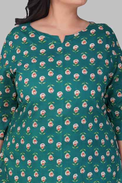 Pine Green Plus Size Cotton Printed Pyjama Set