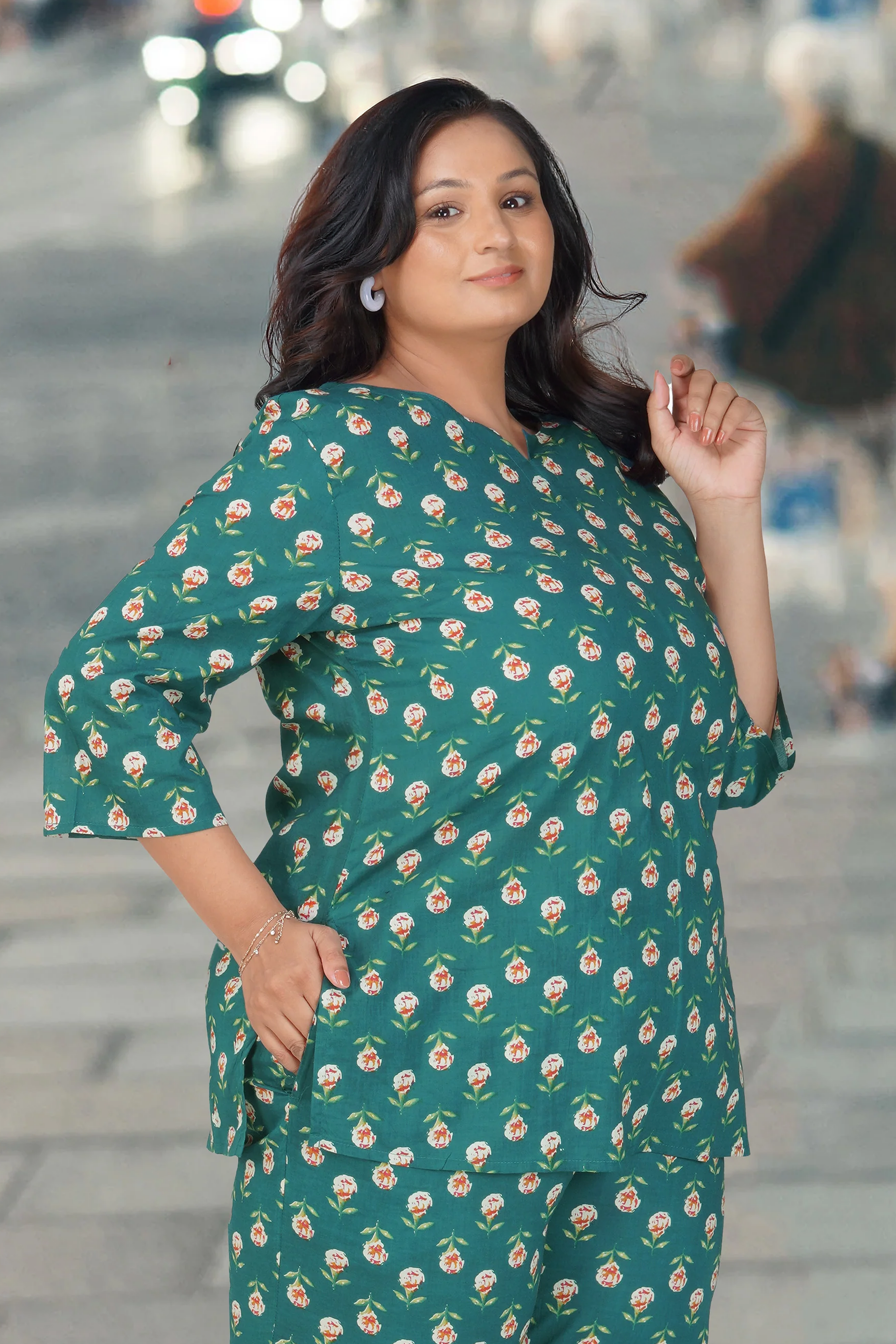 Pine Green Plus Size Cotton Printed Pyjama Set