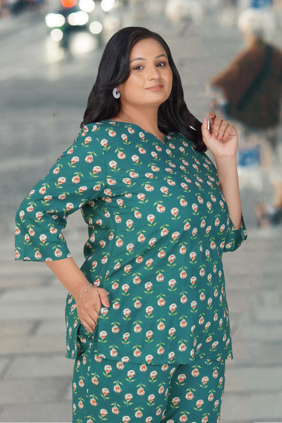 Pine Green Plus Size Cotton Printed Pyjama Set