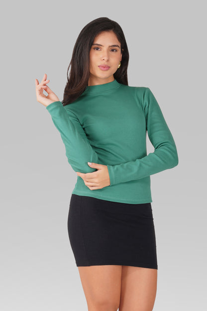 Pine Green Ribbed Mock Neck Long Sleeve Top