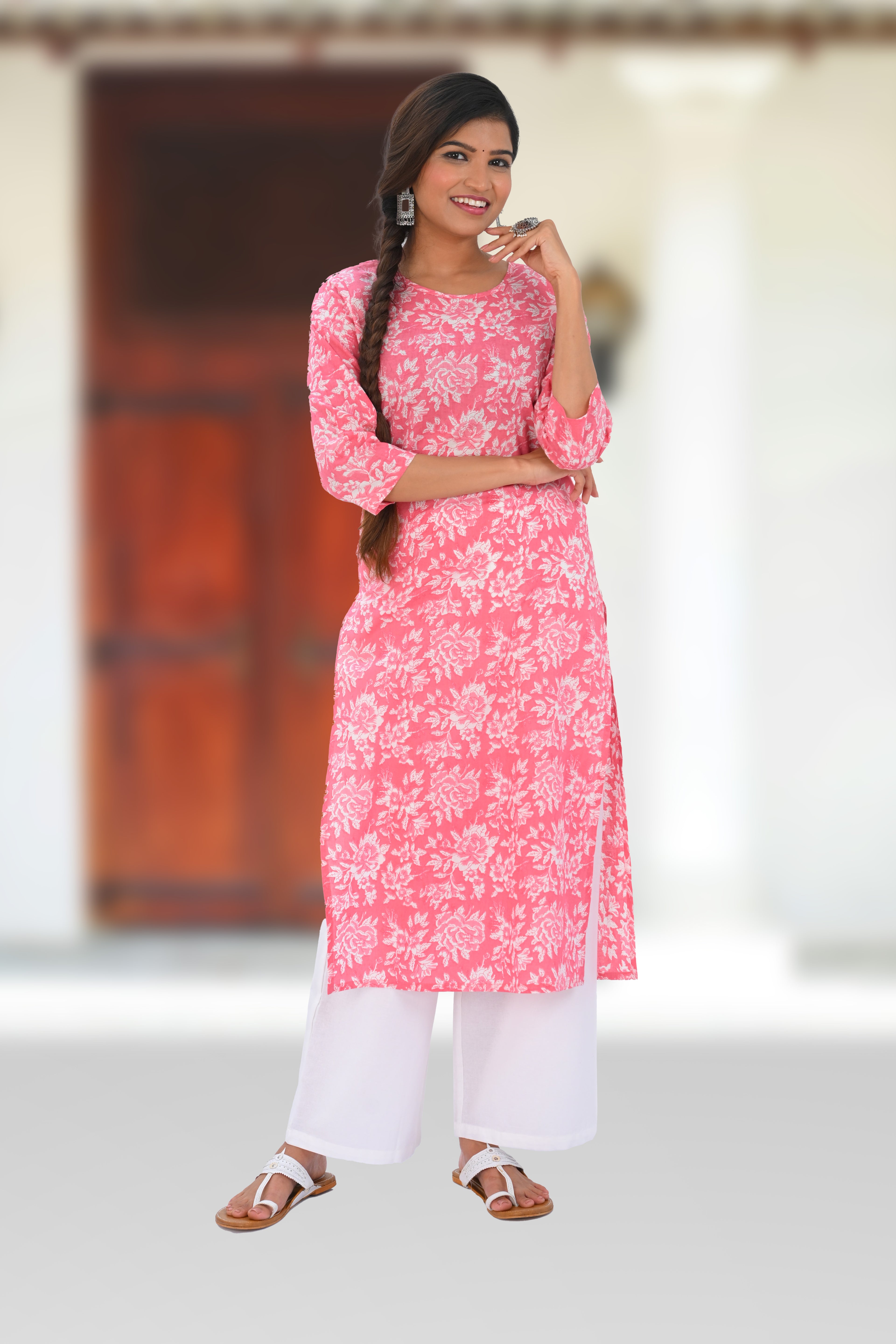 Pink Cotton Printed Kurta Set