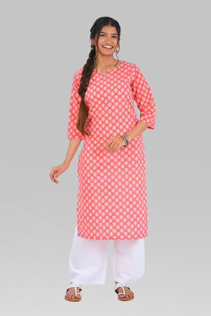 Pink Cotton Printed Long Kurta