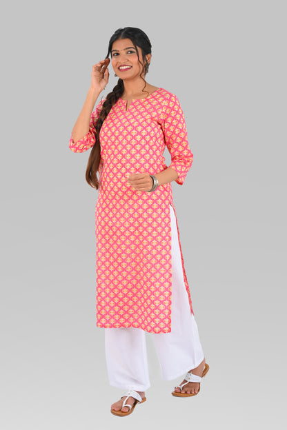 Pink Cotton Printed Long Kurta
