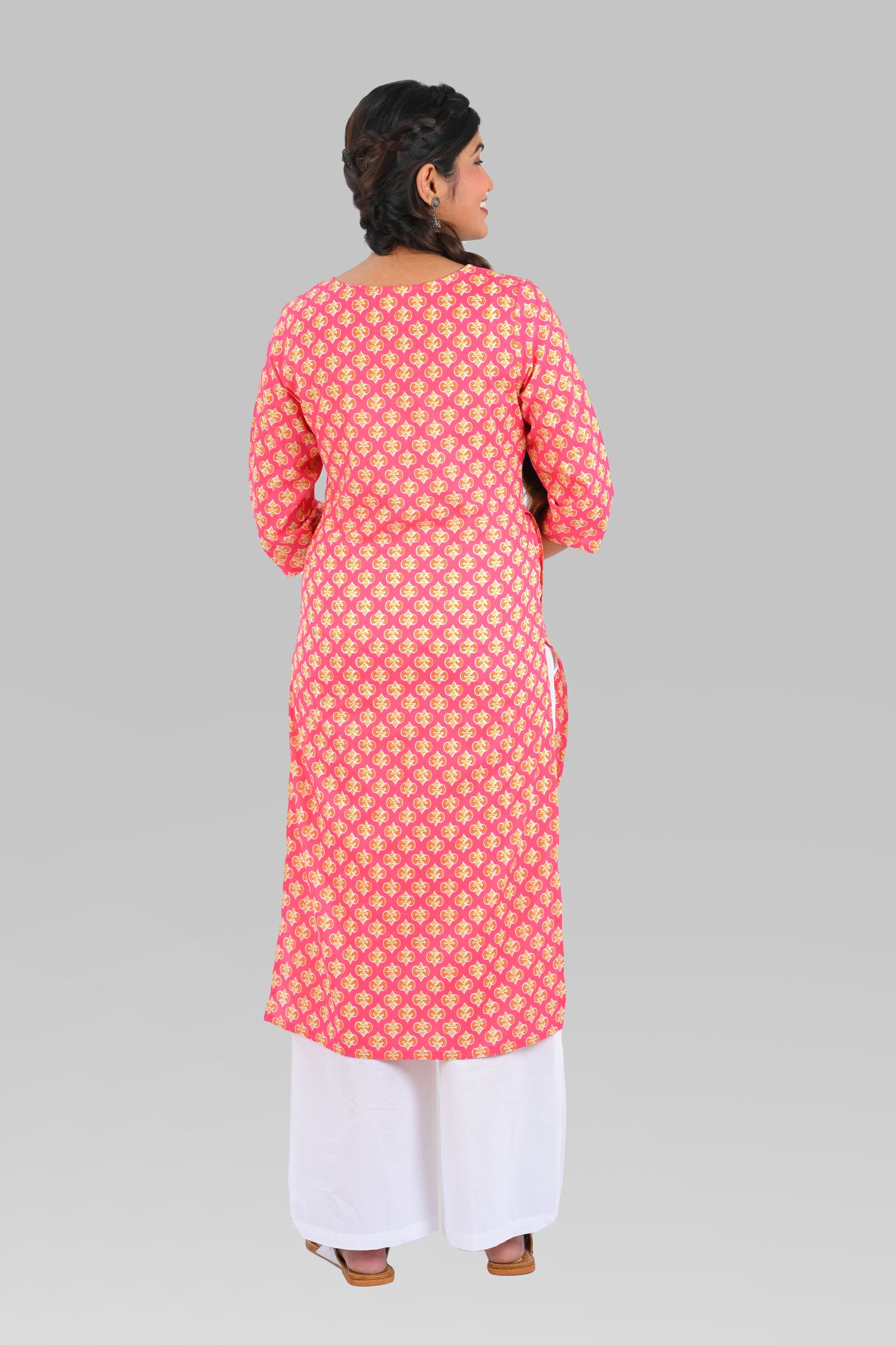 Pink Cotton Printed Long Kurta
