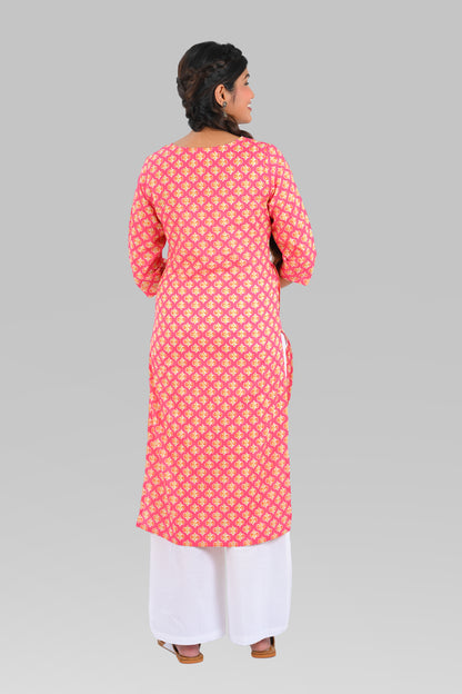 Pink Cotton Printed Long Kurta