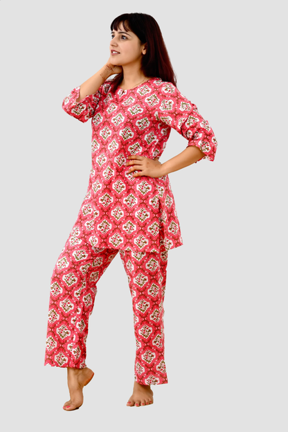 Pink Cotton Printed Pyjama Set