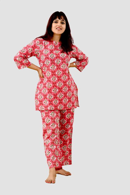 Pink Cotton Printed Pyjama Set