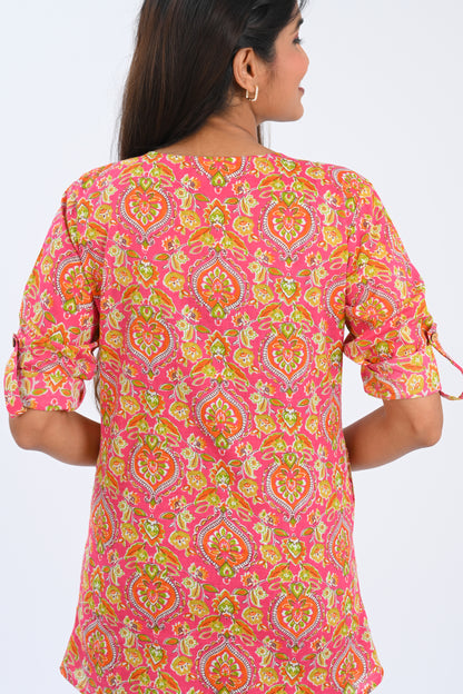 Pink Cotton Printed Short Kurti