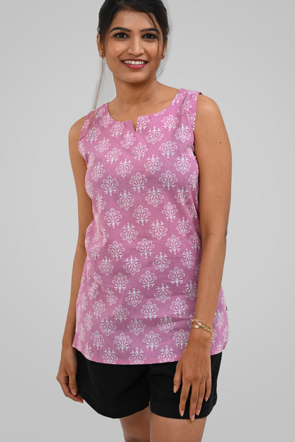 Pink Cotton Printed Sleeveless Kurti