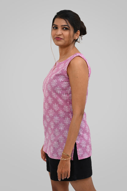 Pink Cotton Printed Sleeveless Kurti