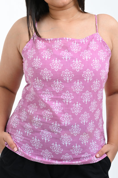 Pink Cotton Printed Strap Top