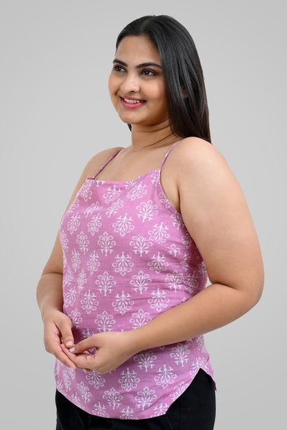 Pink Cotton Printed Strap Top