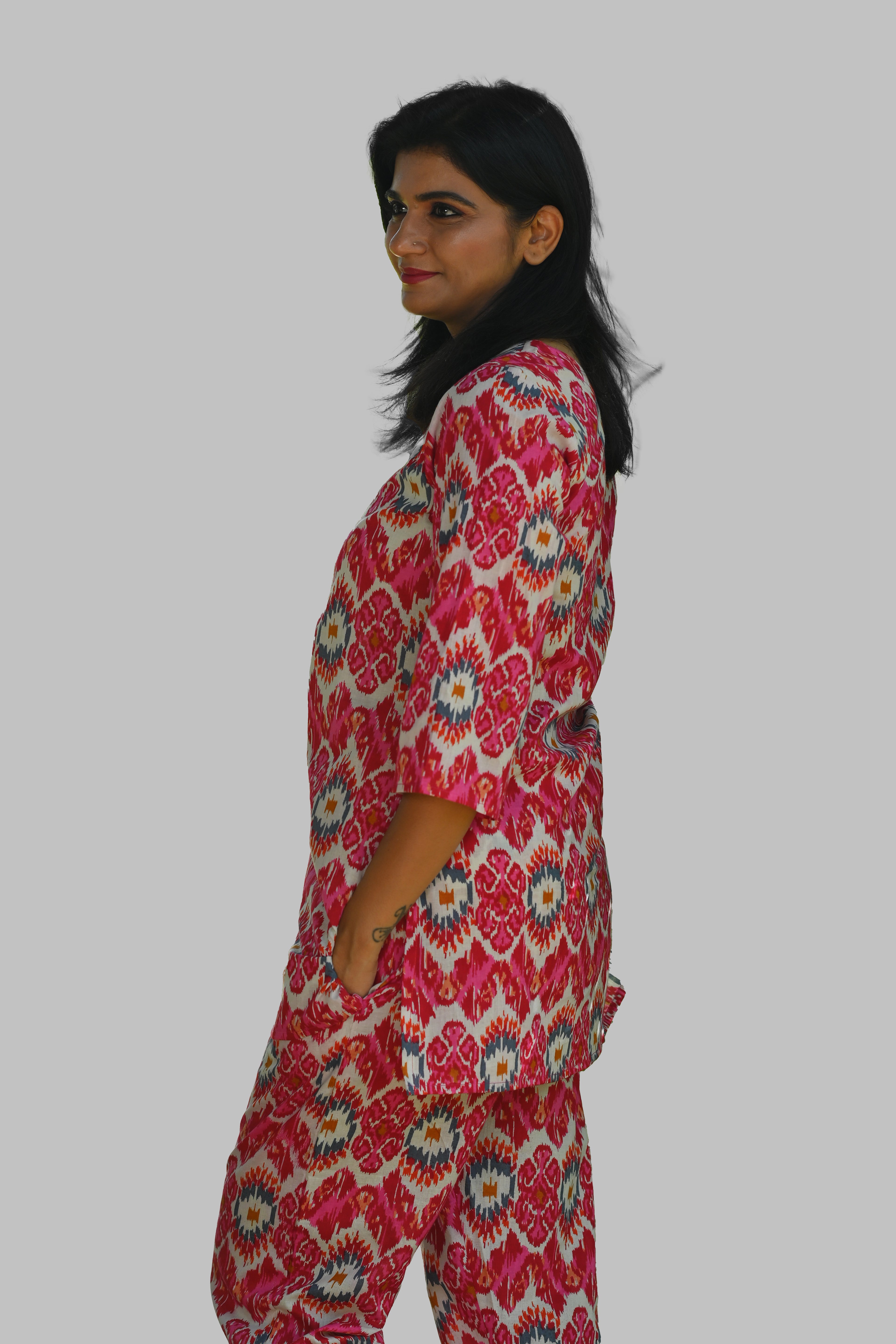 Pink Ikat Cotton Printed Pyjama Set